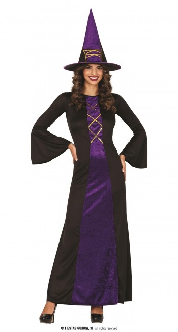 DISFRAZ BRUJA TERCIOPELO NEGRO MORADO ADULTA GUIRCA 88942